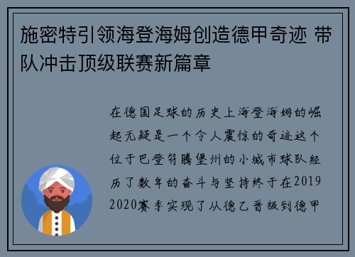 施密特引领海登海姆创造德甲奇迹 带队冲击顶级联赛新篇章