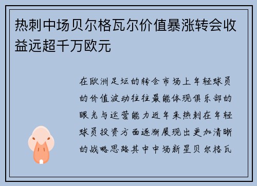 热刺中场贝尔格瓦尔价值暴涨转会收益远超千万欧元