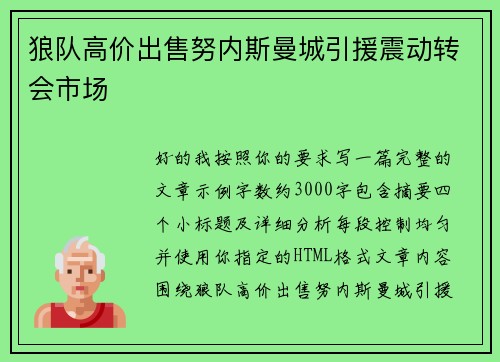 狼队高价出售努内斯曼城引援震动转会市场